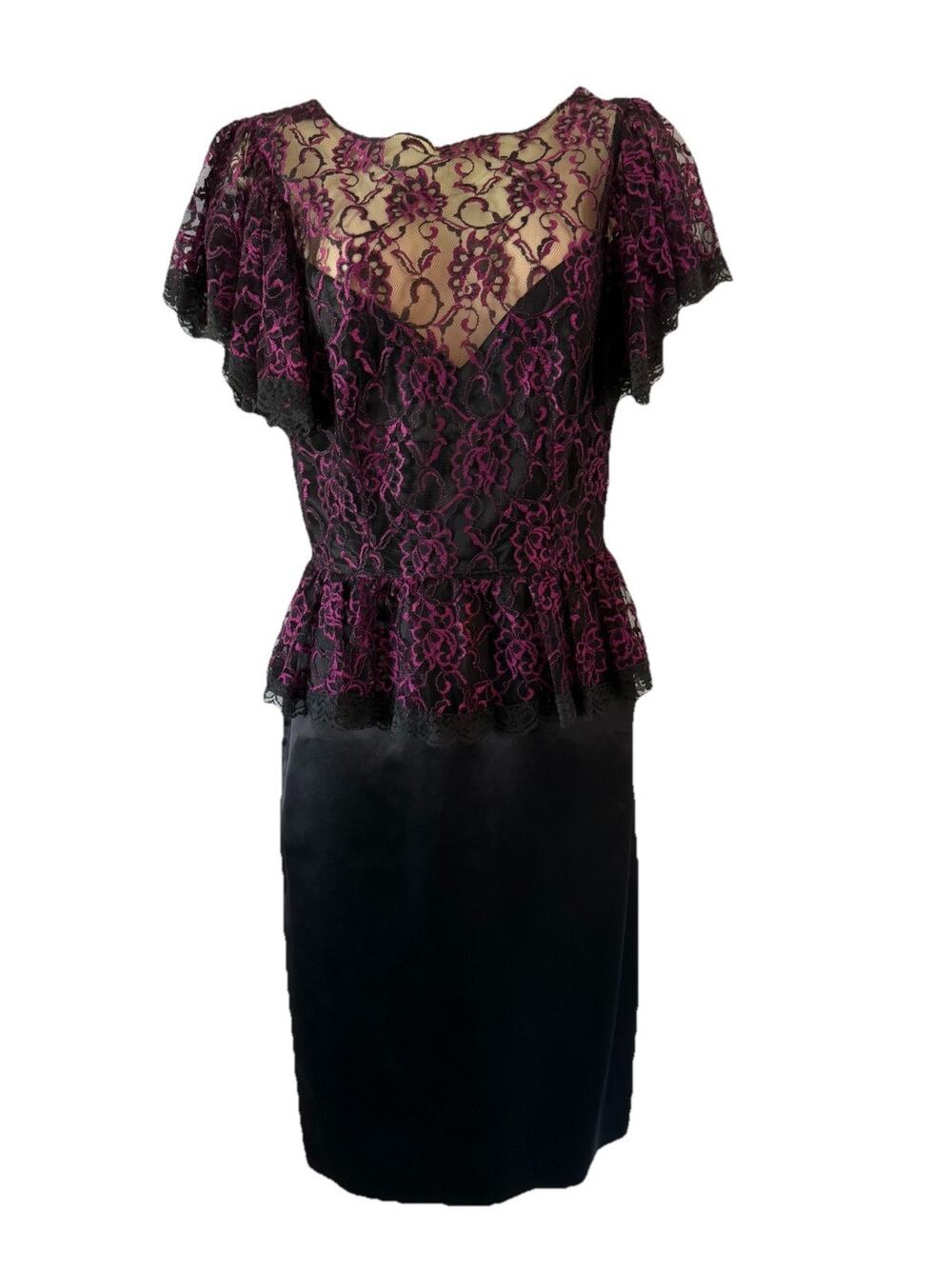 Gunne Sax Prom VTG 80s Black/Purple Dress Jr Size 9 Formal Lace Party Peplum